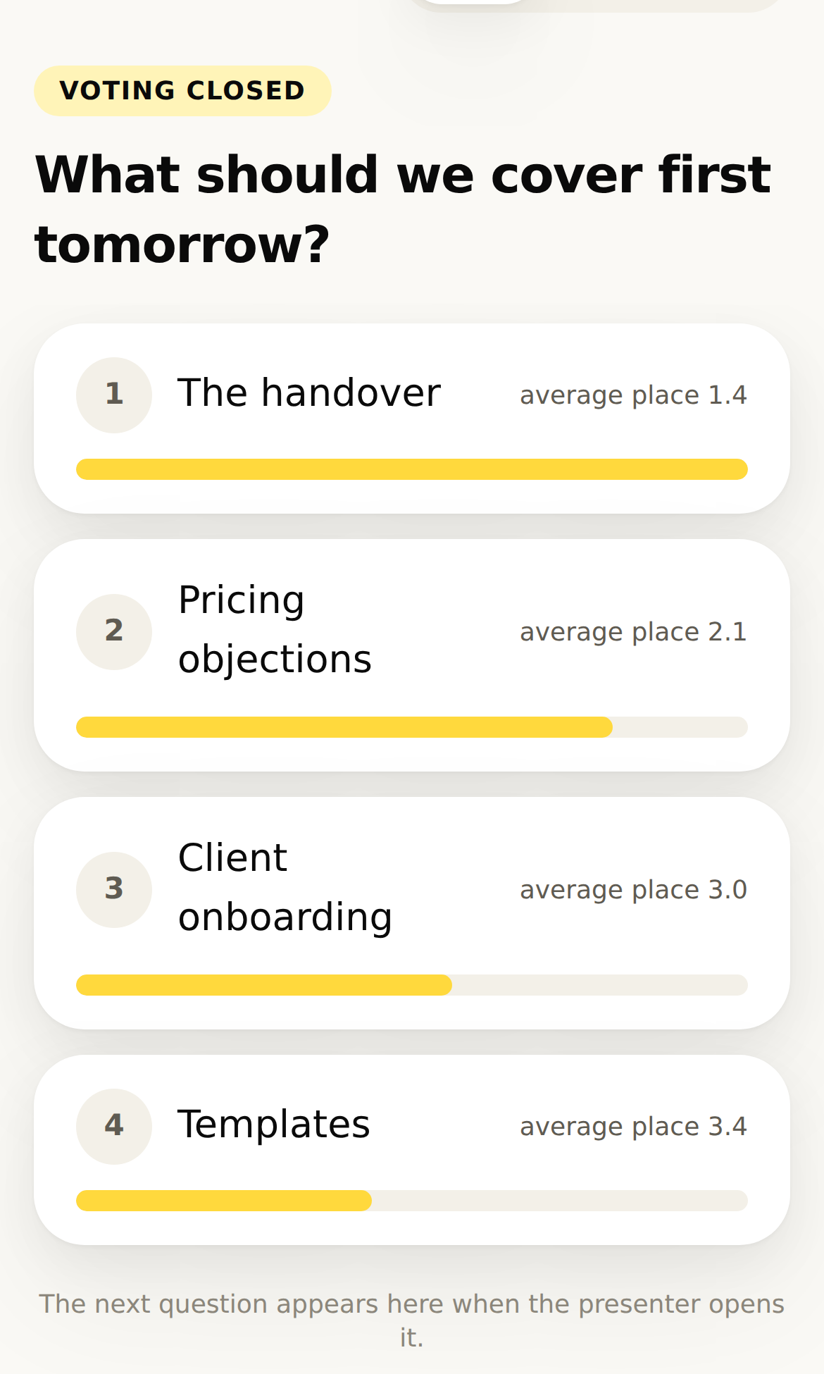 A phone after voting closed: four choices in the order the room agreed, each with its average place