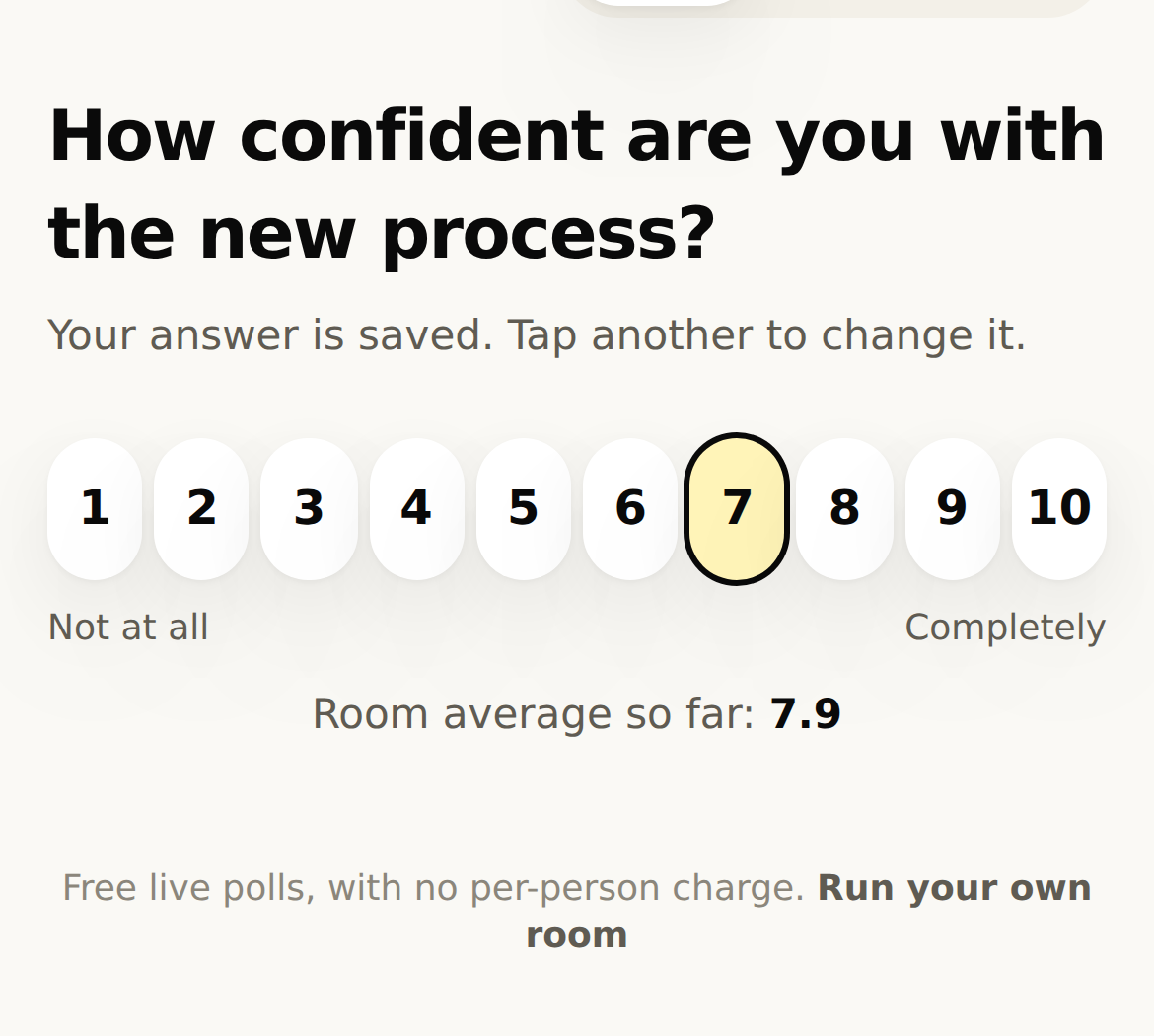 A phone with a scale from 1 to 10, the chosen number highlighted, the room average underneath