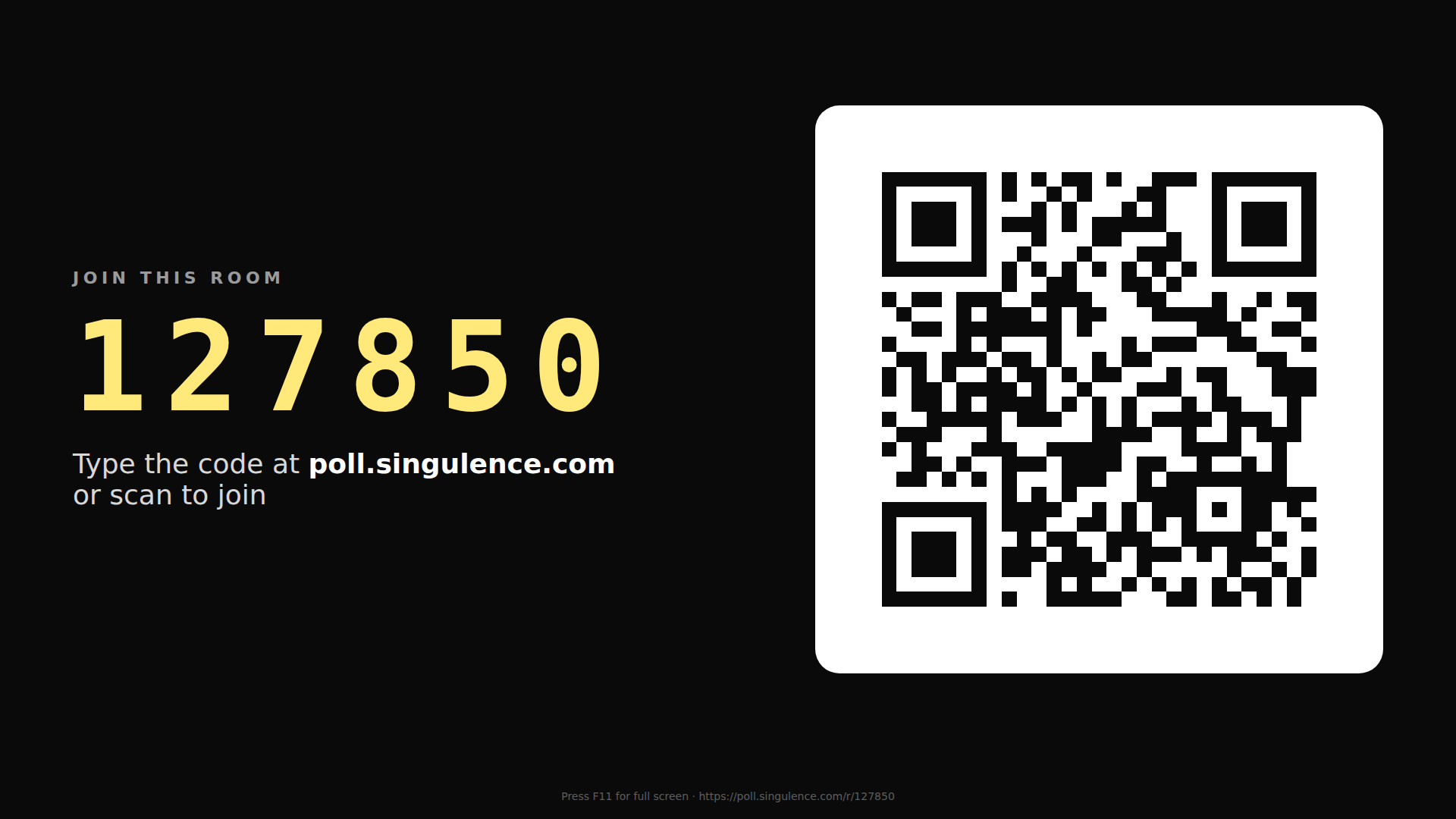 The full-screen join slide: a six digit room code in large yellow type and a QR code on black
