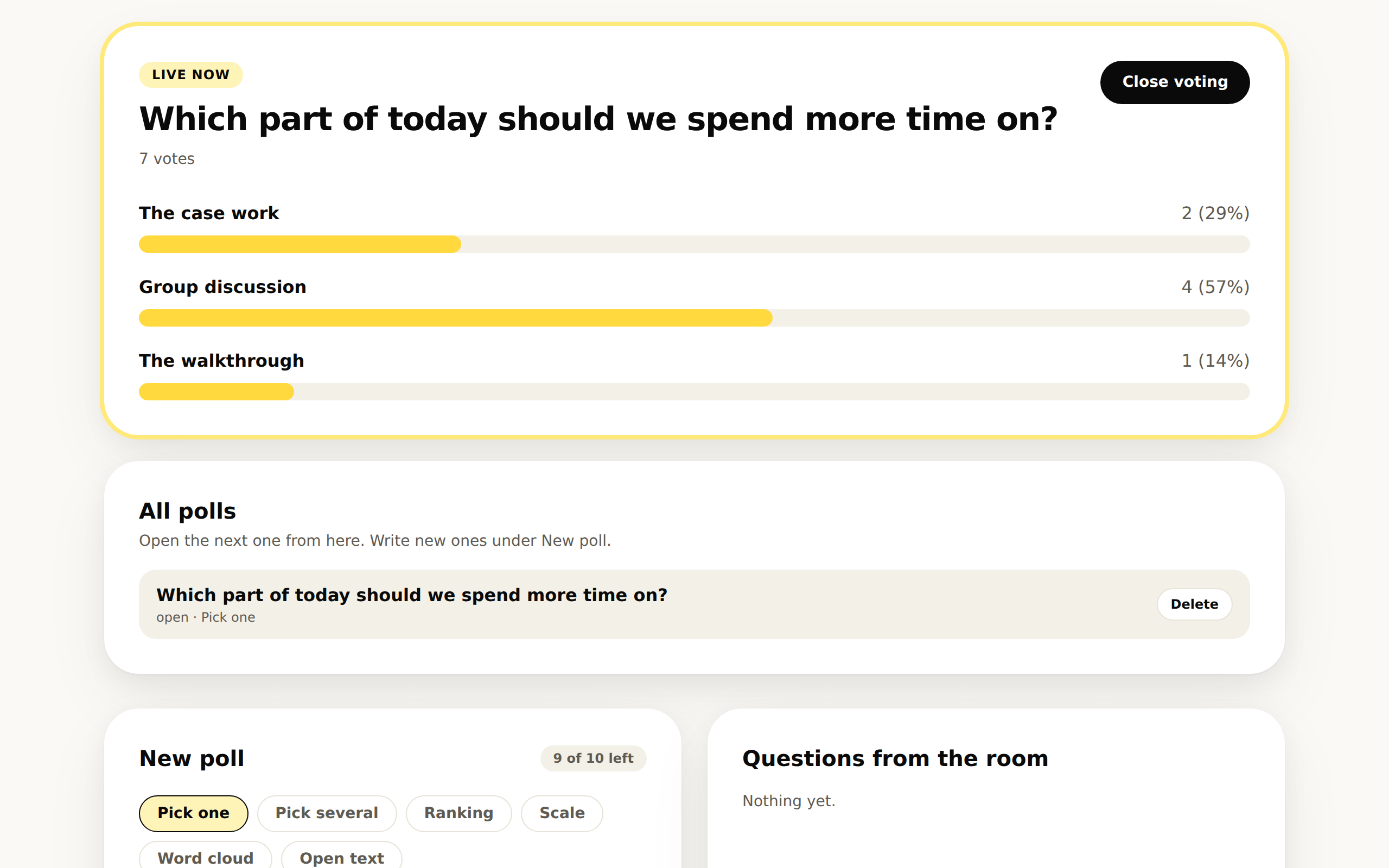 The presenter's screen: a poll live now with seven votes across three choices, the list of polls underneath
